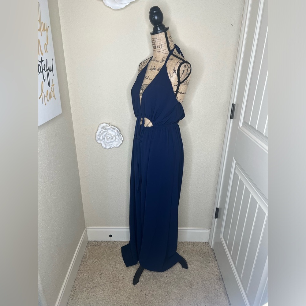 NTM: Tyche Navy Halter Cutout Wide-Leg Jumpsuit Flowy Boho Wear One-Piece Size L - Picture 8 of 16